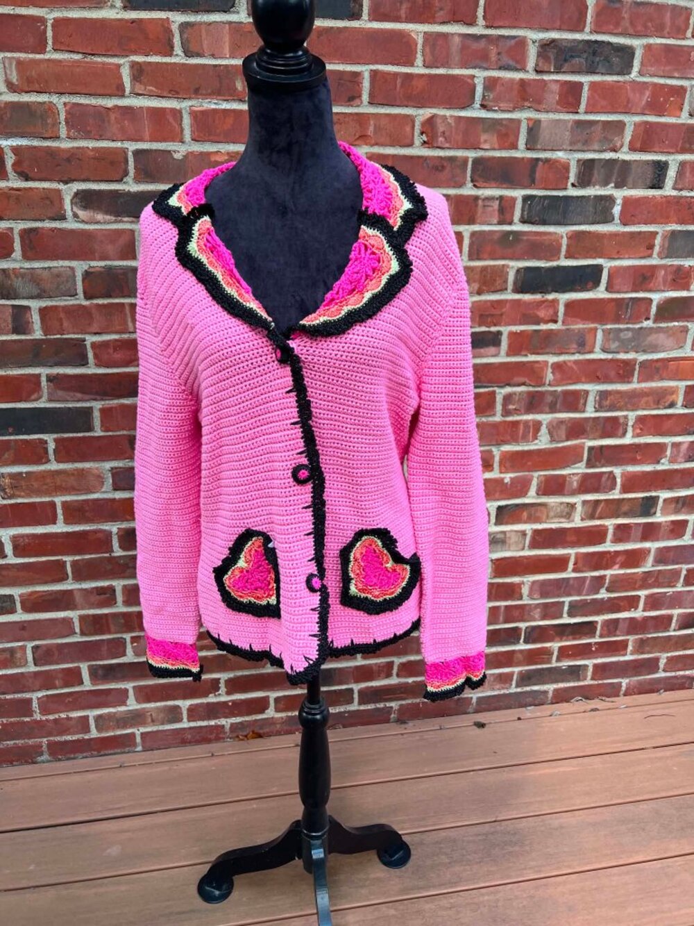 Berek Pink Crochet Heart Pocket Cardigan Size L